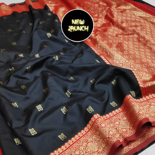 Classic Black Soft Lichi Silk Saree with Grand Red Jacquard Border