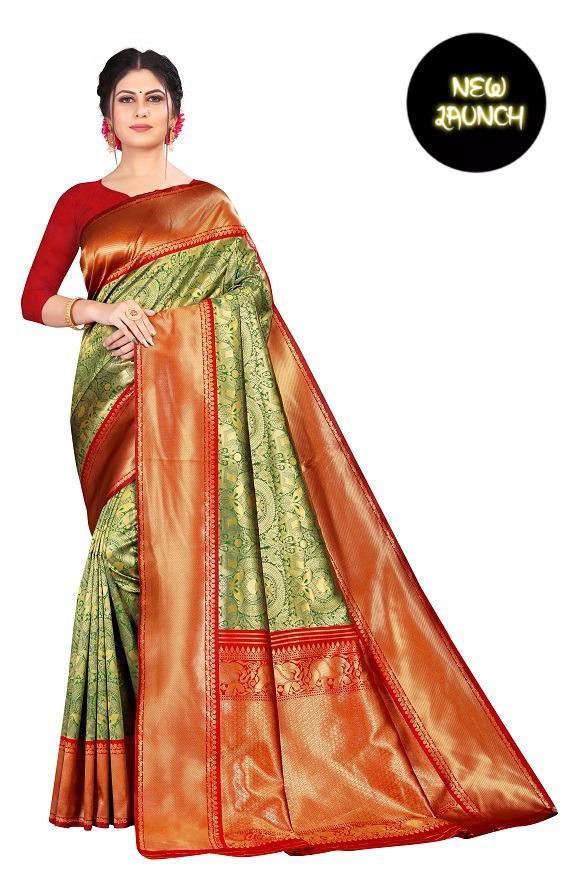 Royal Green Soft Lichi Silk Saree with Grand Copper Gold Pallu
