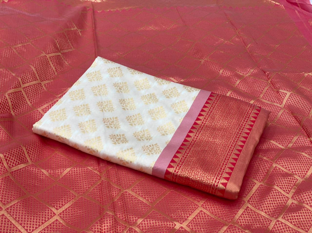 Royal Cream & Red Soft Lichi Silk Saree – Traditional Jacquard Festive Wear
