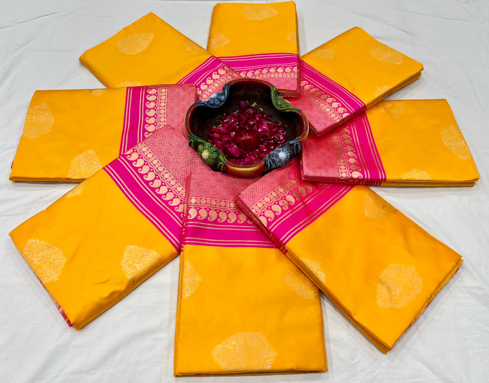Royal Mustard Lichi Silk Saree with Pink Rich Pallu