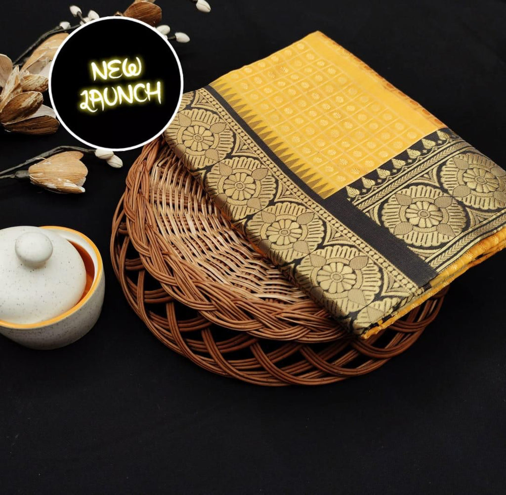 Royal Yellow & Black Soft Lichi Silk Saree with Rich Jacquard Pallu