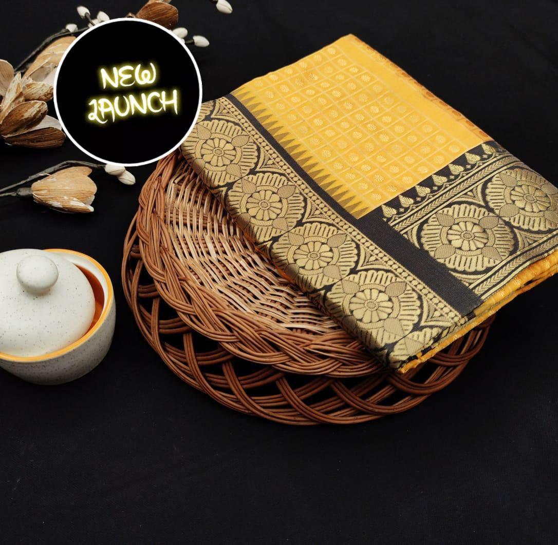 Royal Yellow & Black Soft Lichi Silk Saree with Rich Jacquard Pallu
