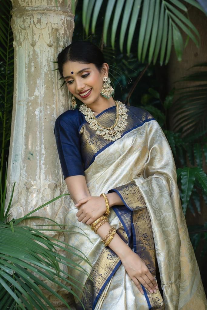 Royal Cream Soft Lichi Silk Saree with Classic Jacquard Border