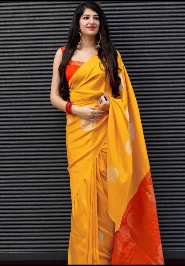 Sunshine Yellow Soft Lichi Silk Saree – Festive Royal Charm