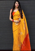 Sunshine Yellow Soft Lichi Silk Saree – Festive Royal Charm