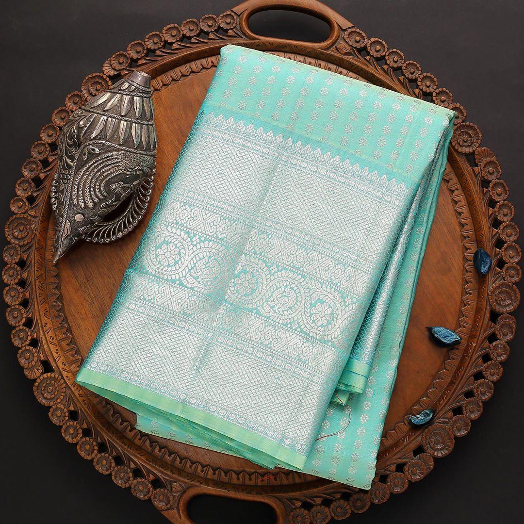 Elegant Aqua Soft Lichi Silk Saree with Rich Silver Jacquard Pallu