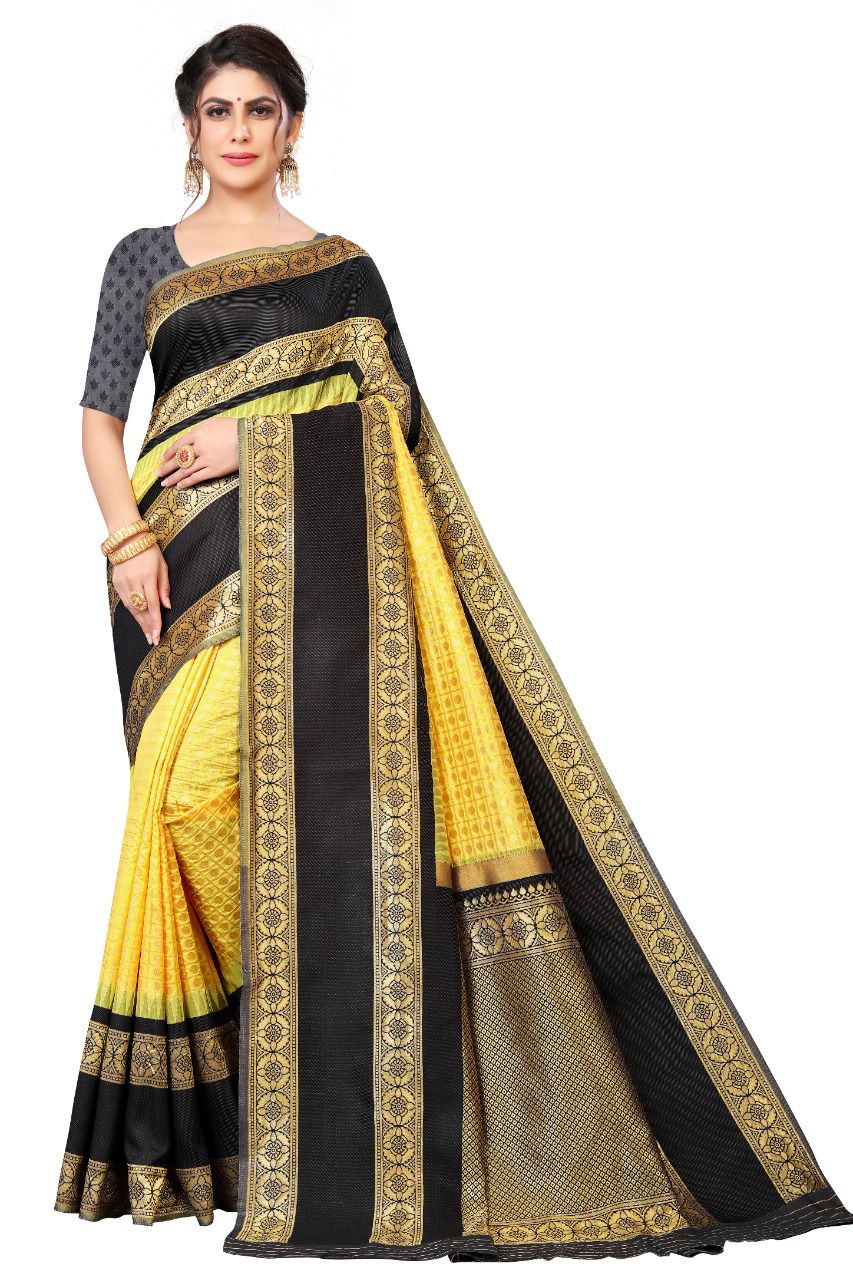 Royal Yellow & Black Soft Lichi Silk Saree with Rich Jacquard Pallu