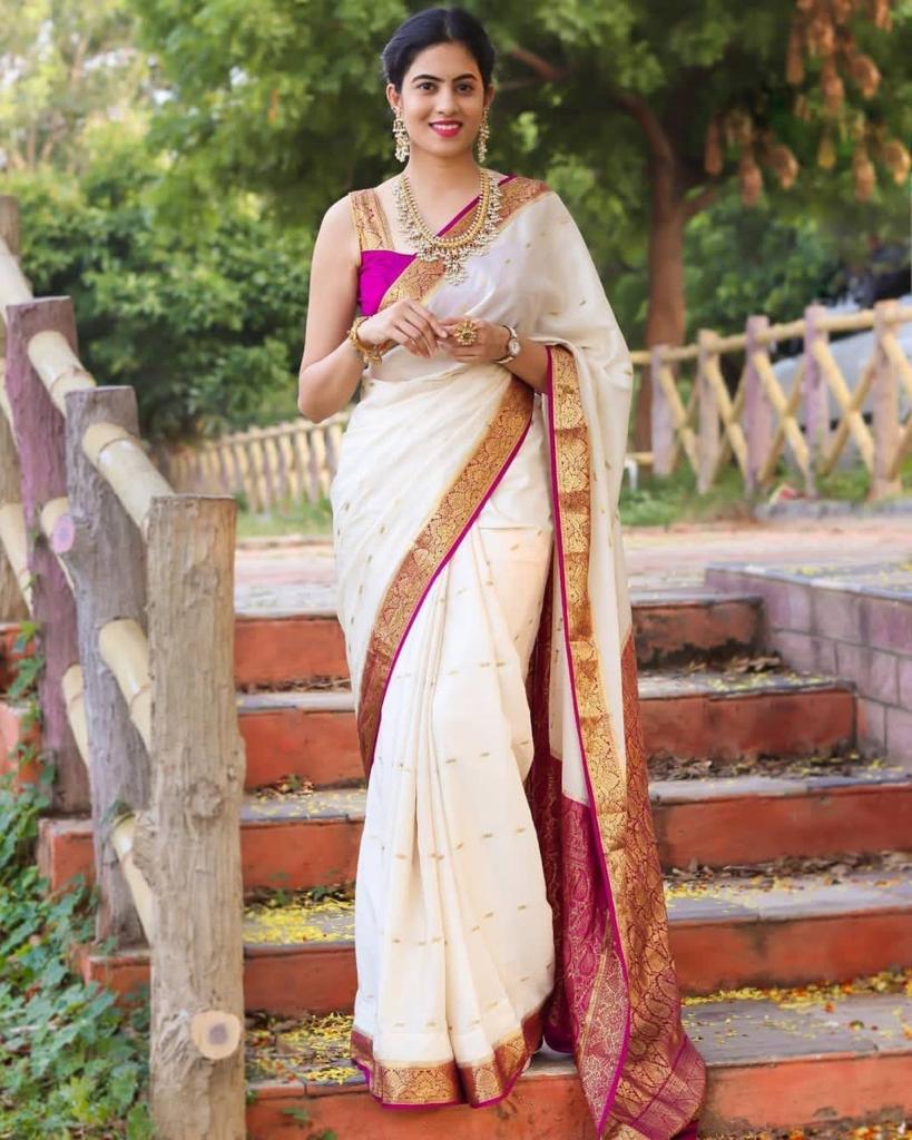 Graceful Cream Soft Lichi Silk Saree with Rich Pink Jacquard Border