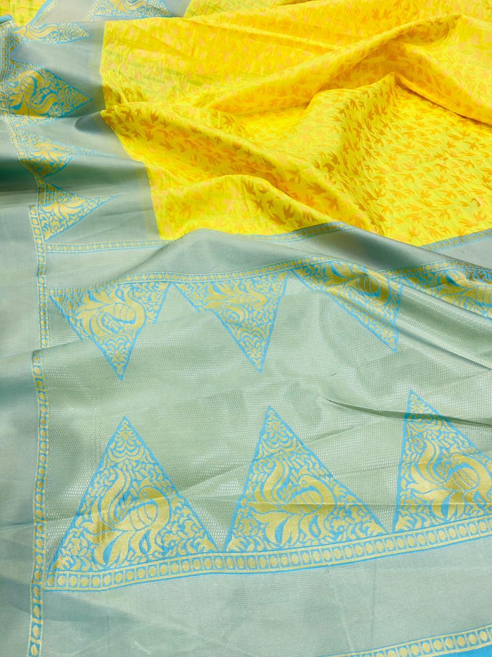 Lemon Yellow Lichi Silk Saree with Elegant Sea Green Border