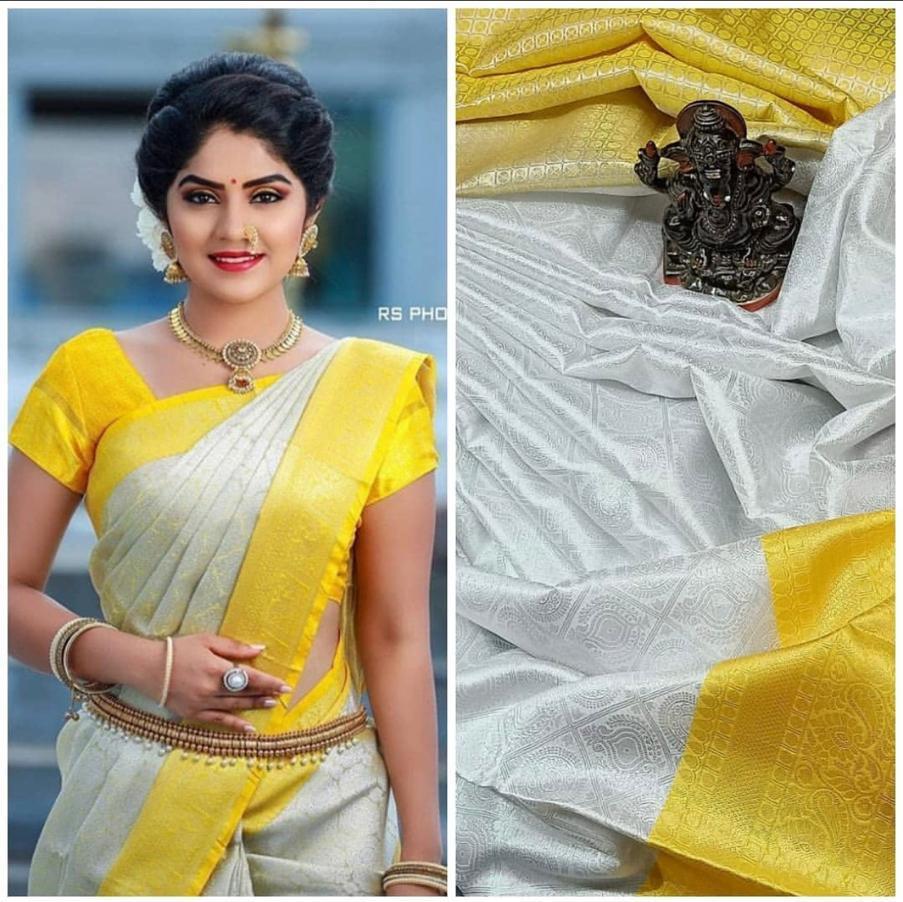 Elegant White & Yellow Soft Lichi Silk Saree with Rich Jacquard Pallu
