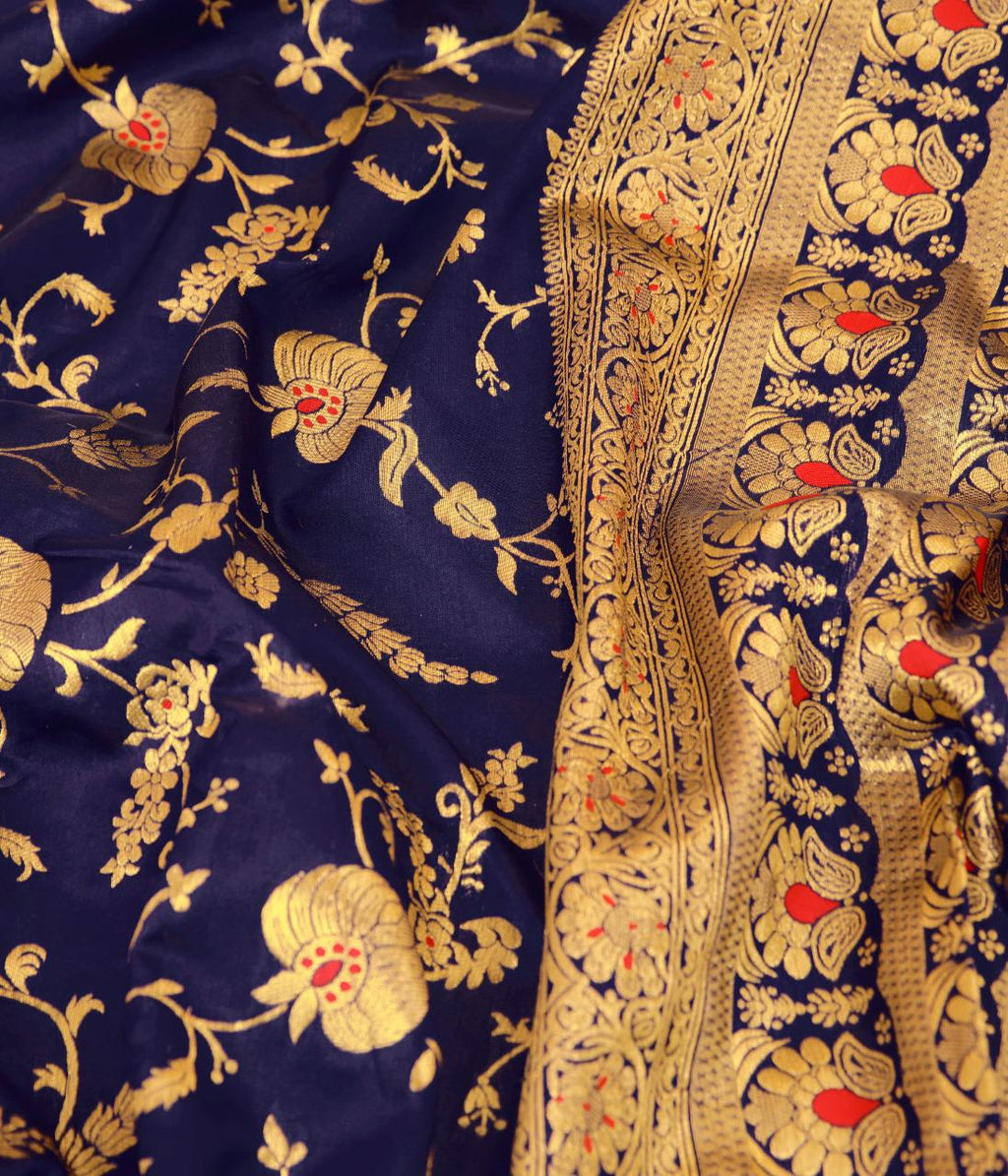 Royal Black Soft Lichi Silk Saree with Original Gold Zari Weaving