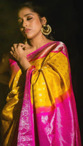 Royal Mustard Yellow Soft Lichi Silk Saree with Pink Jacquard Pallu