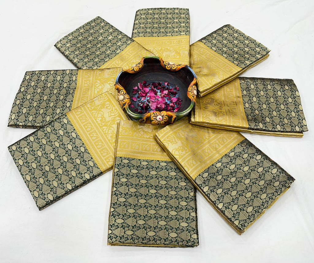 Royal Green Soft Lichi Silk Saree with Grand Mustard Gold Pallu