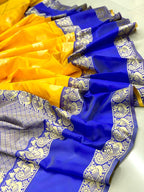 Royal Yellow Soft Lichi Silk Saree with Blue Jacquard Border