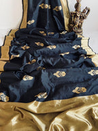 Classic Black Soft Lichi Silk Saree with Rich Golden Border