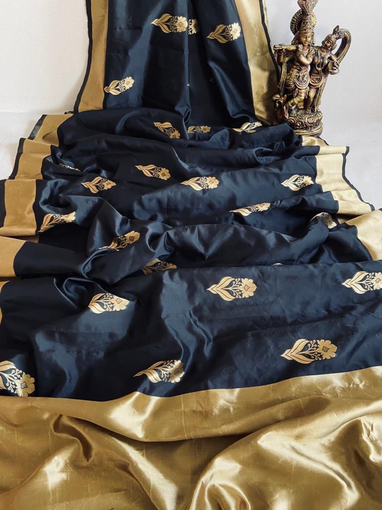 Classic Black Soft Lichi Silk Saree with Rich Golden Border