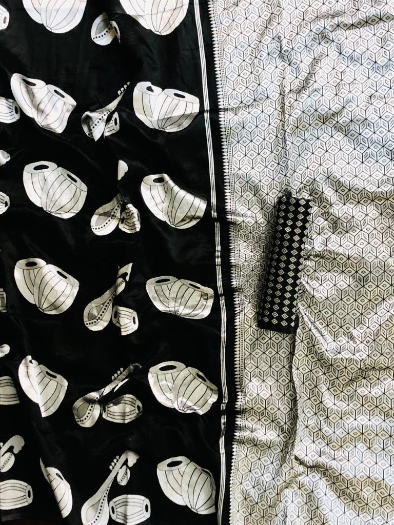 Designer Black Soft Lichi Silk Saree with Silver Woven Motifs