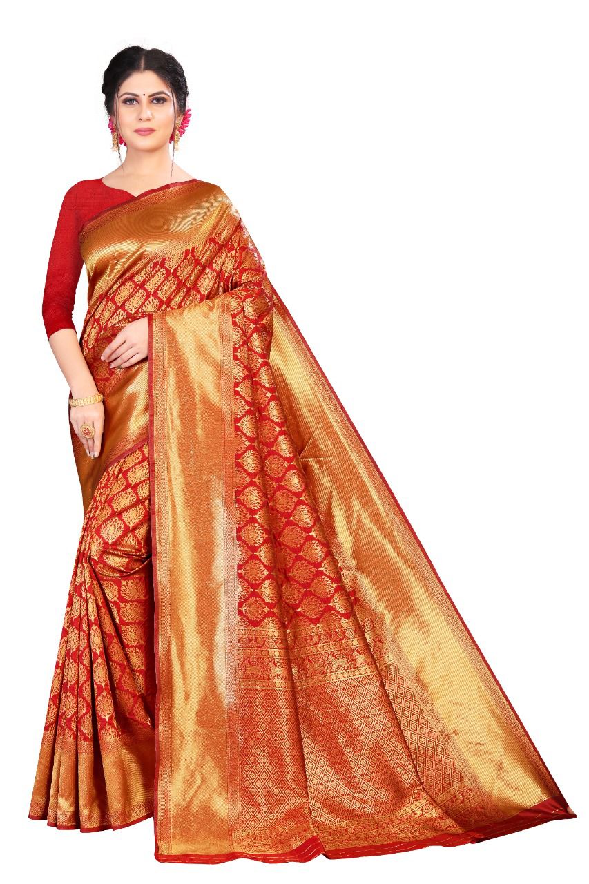 Royal Red Lichi Silk Saree with Grand Golden Jacquard Pallu