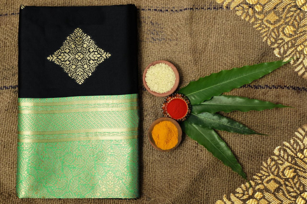 Royal Black Soft Lichi Silk Saree with Parrot Green Jacquard Border