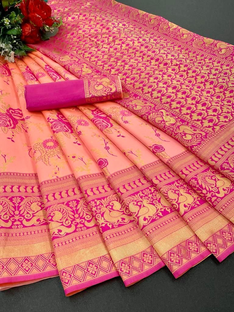 Royal Peach Pink Soft Lichi Silk Saree with Grand Jacquard Pallu