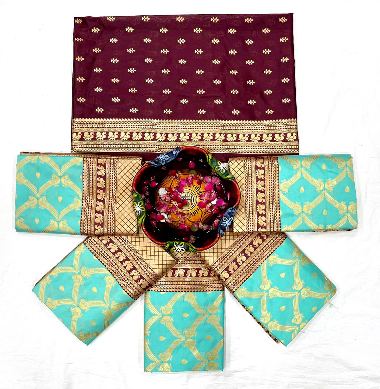 Aqua Blue Soft Lichi Silk Saree with Maroon Rich Border