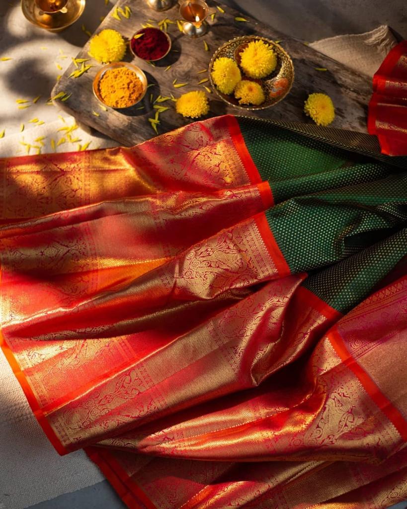 Royal Green Soft Lichi Silk Saree with Rich Golden Jacquard Pallu