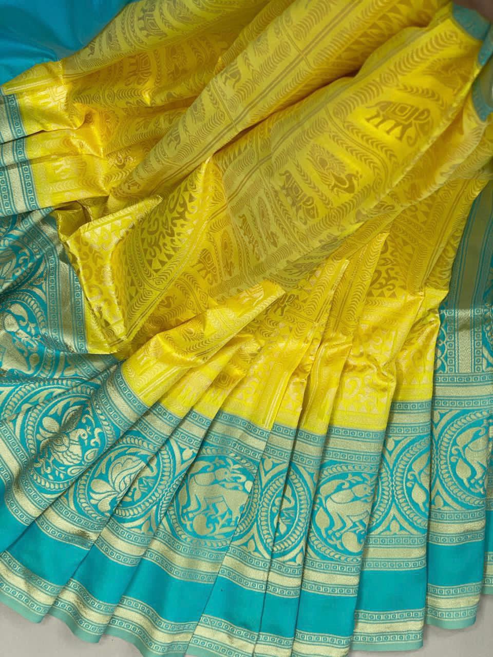 Sunshine Yellow Soft Lichi Silk Saree with Turquoise Jacquard Border