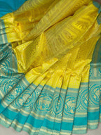 Sunshine Yellow Soft Lichi Silk Saree with Turquoise Jacquard Border