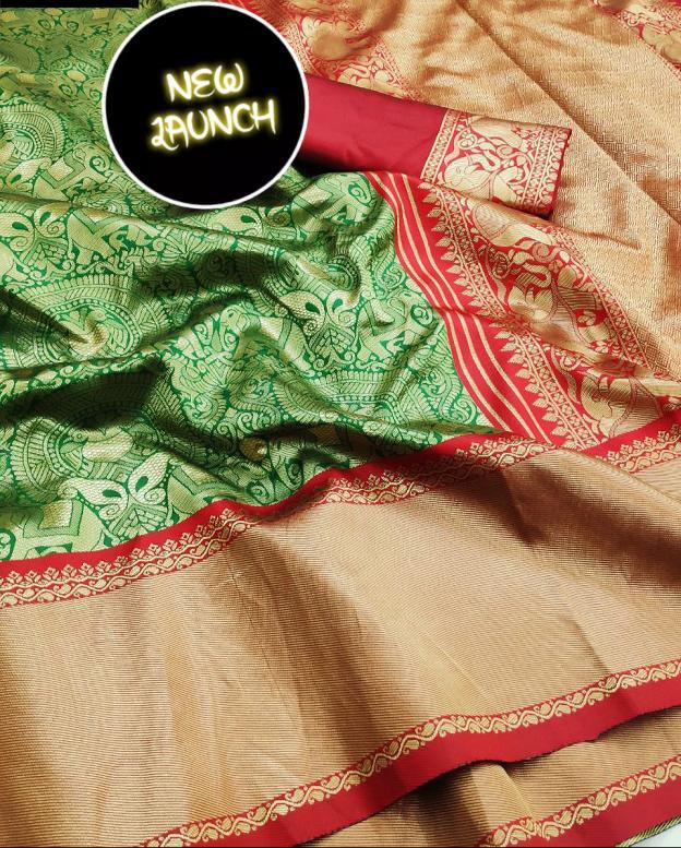 Royal Green Soft Lichi Silk Saree with Grand Copper Gold Pallu