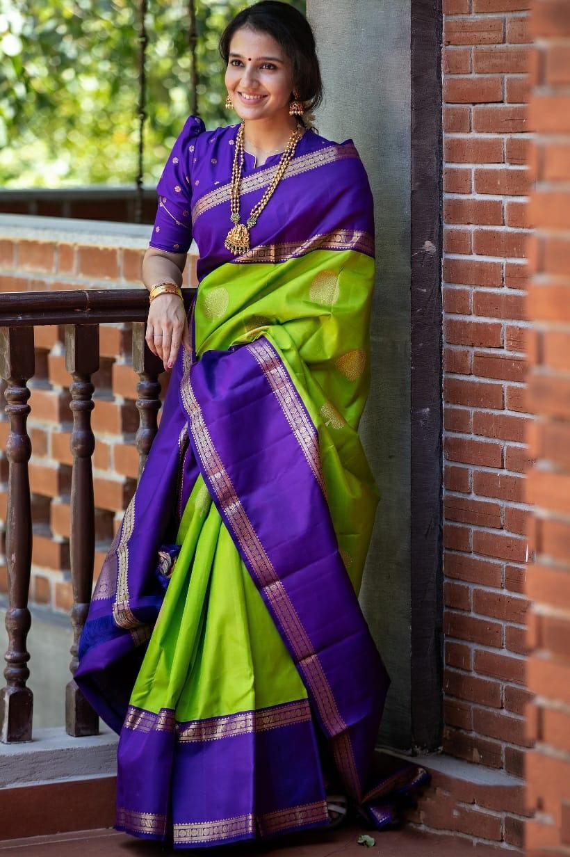 Royal Purple & Parrot Green Soft Lichi Silk Saree
