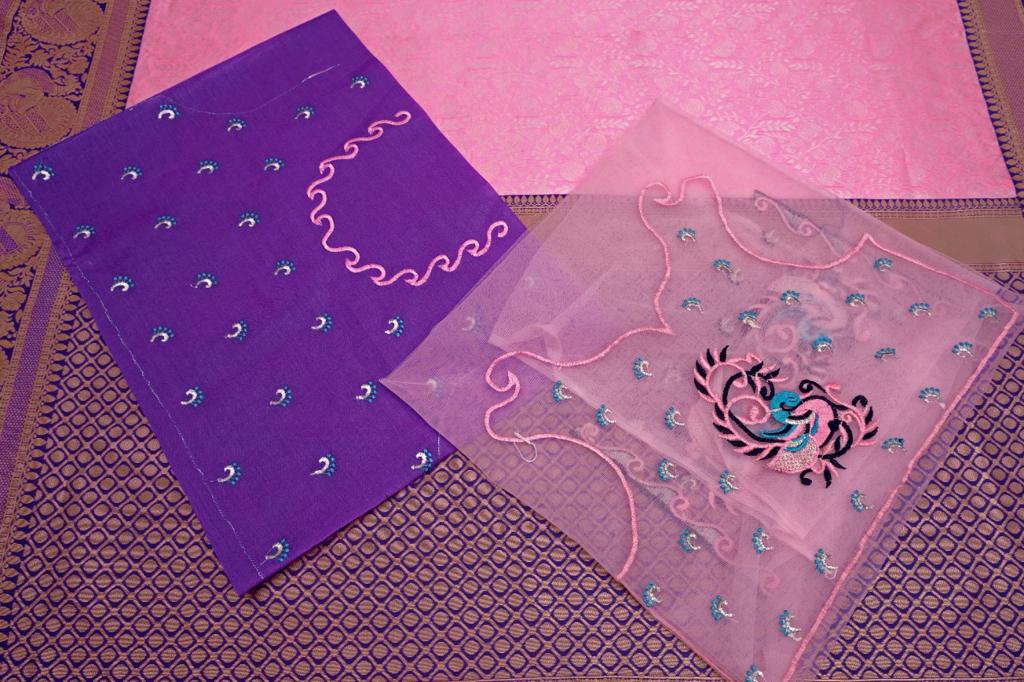 Blush Pink Lichi Silk Saree with Royal Purple Zari Border & Designer Blouse