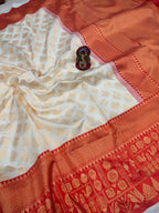 Royal Cream & Red Soft Lichi Silk Saree – Traditional Jacquard Festive Wear