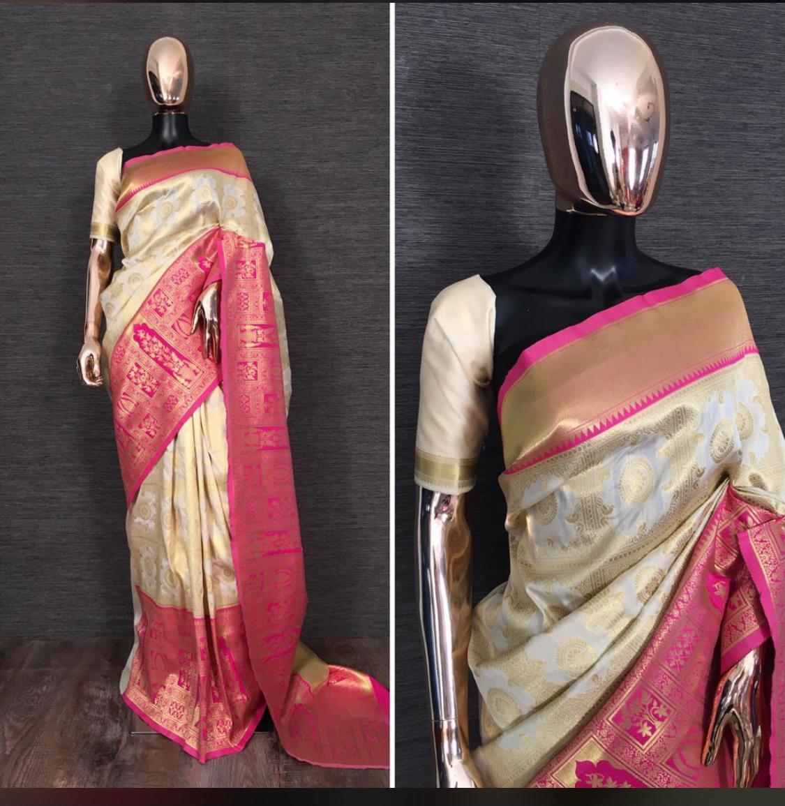 Royal Cream Soft Lichi Silk Saree with Rich Pink Jacquard Pallu
