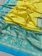 Sunshine Yellow Soft Lichi Silk Saree with Turquoise Jacquard Border