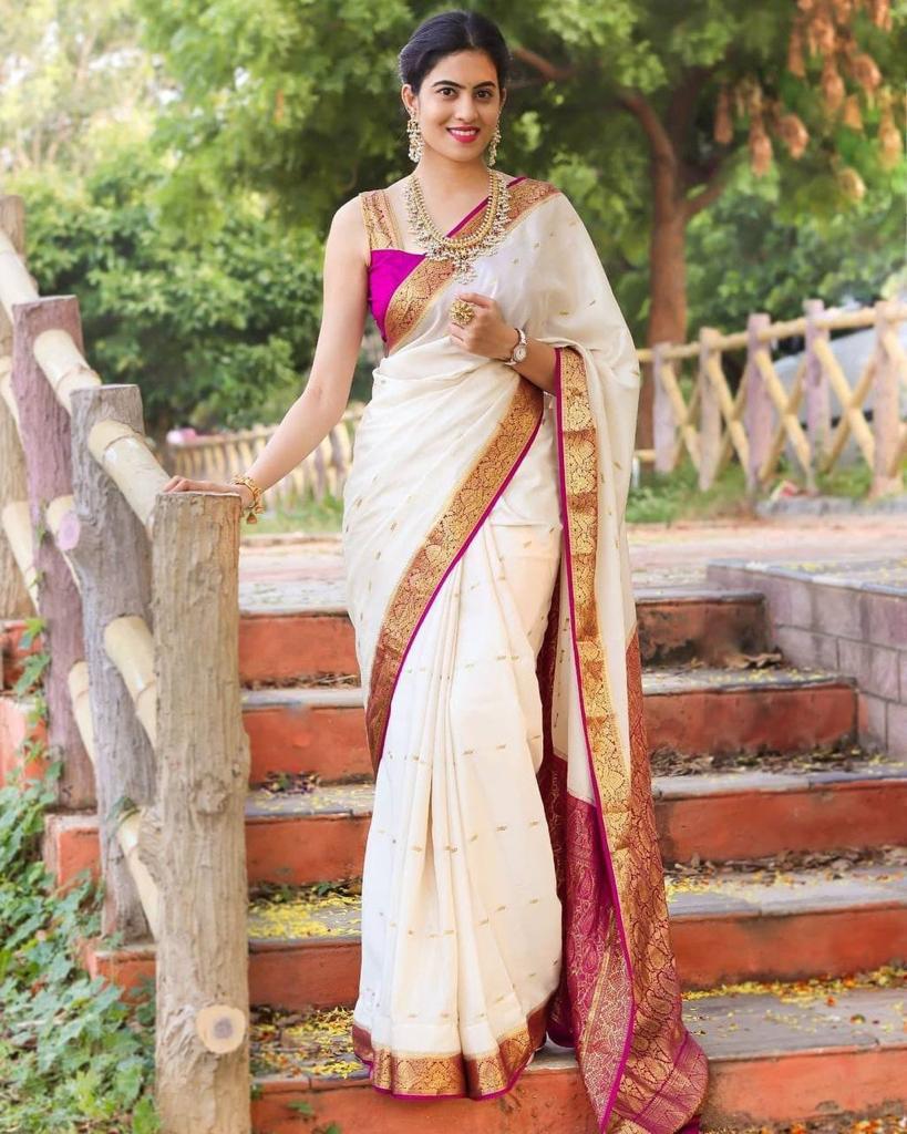 Graceful Cream Soft Lichi Silk Saree with Rich Pink Jacquard Border