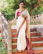 Graceful Cream Soft Lichi Silk Saree with Rich Pink Jacquard Border