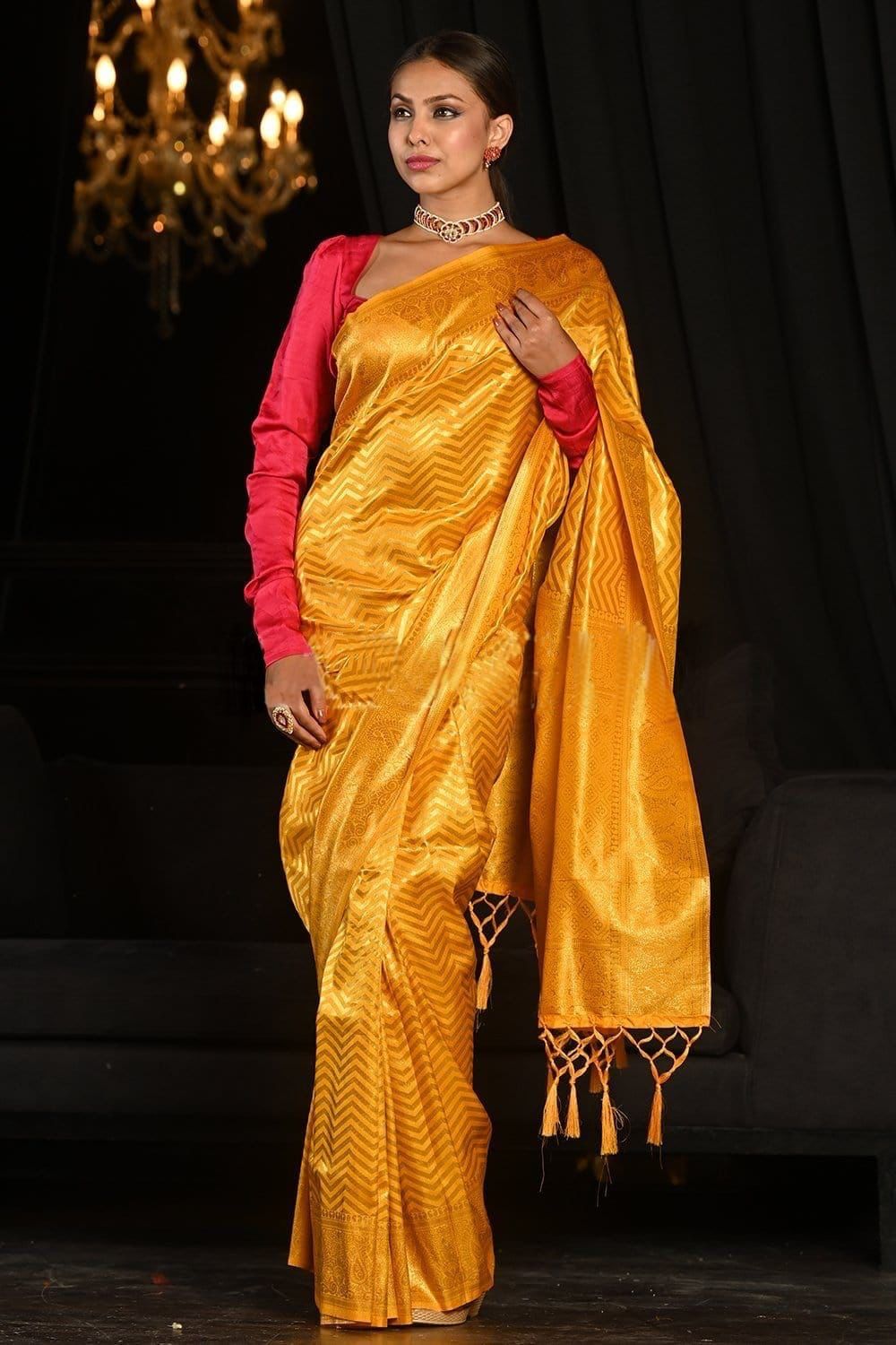 Royal Mustard Soft Lichi Silk Saree with Rich Jacquard & Designer Zhalar