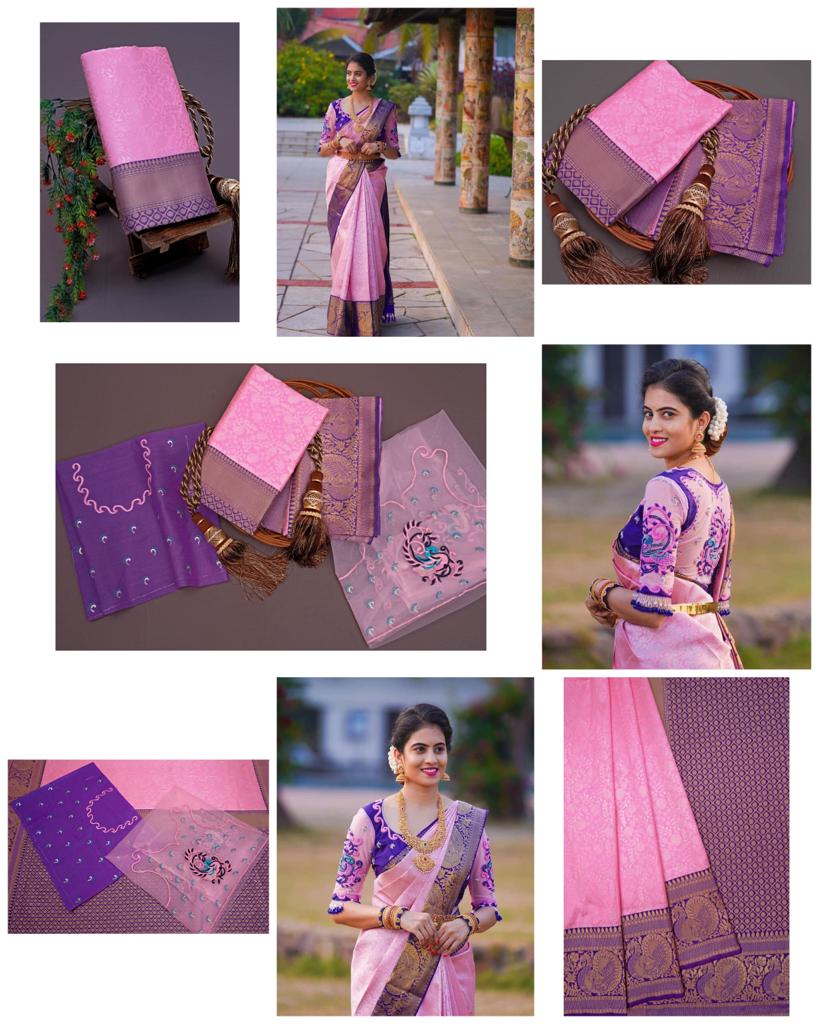 Blush Pink Lichi Silk Saree with Royal Purple Zari Border & Designer Blouse