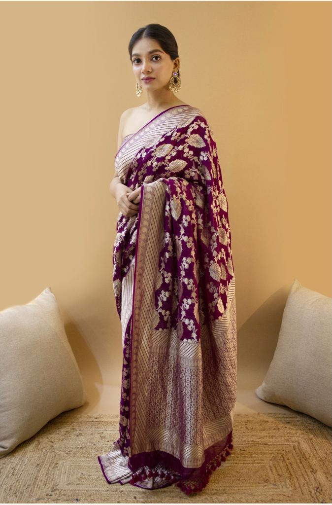 Royal Purple Soft Lichi Silk Saree with Rich Jacquard & Designer Zalar