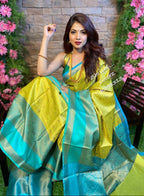 Sunshine Yellow Soft Lichi Silk Saree with Turquoise Jacquard Border