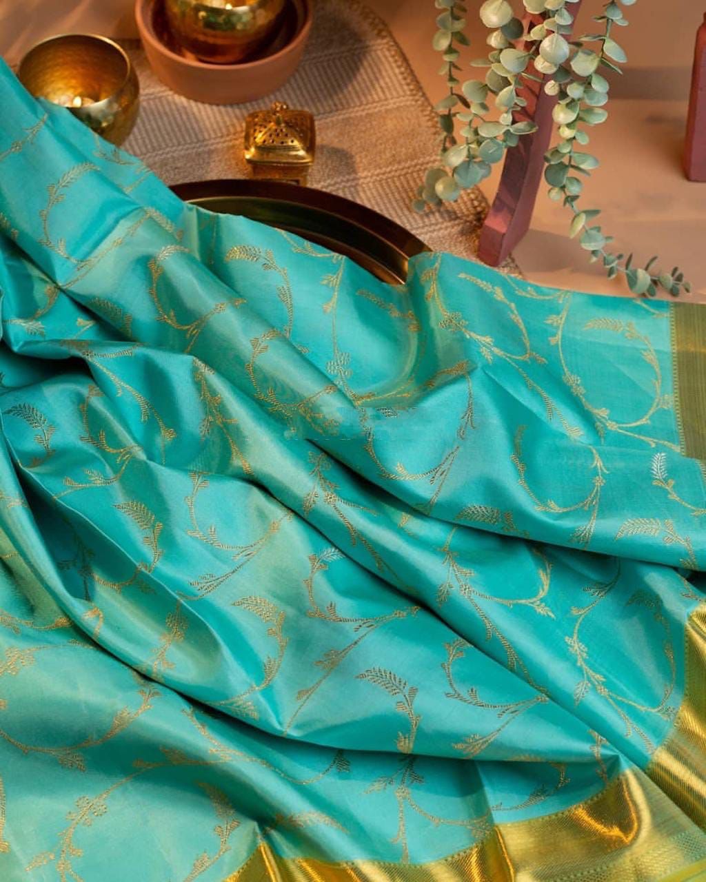 Aqua Green Soft Lichi Silk Saree with Golden Jacquard Border