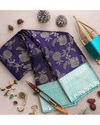 Royal Navy Blue Soft Lichi Silk Saree with Aqua Jacquard Border