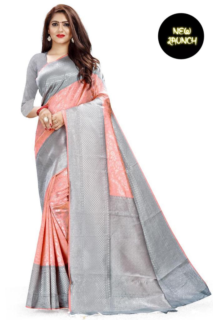Elegant Peach Soft Lichi Silk Saree with Silver Jacquard Pallu