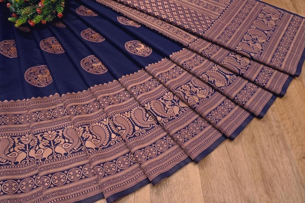 Royal Navy Blue Lichi Silk Saree with Heavy Jacquard Pallu – Premium Festive Wear