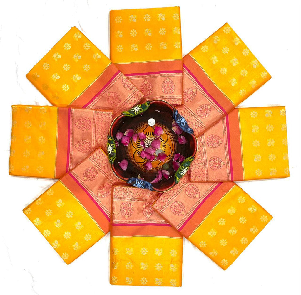 Royal Mustard Yellow Soft Lichi Silk Saree with Pink Jacquard Pallu