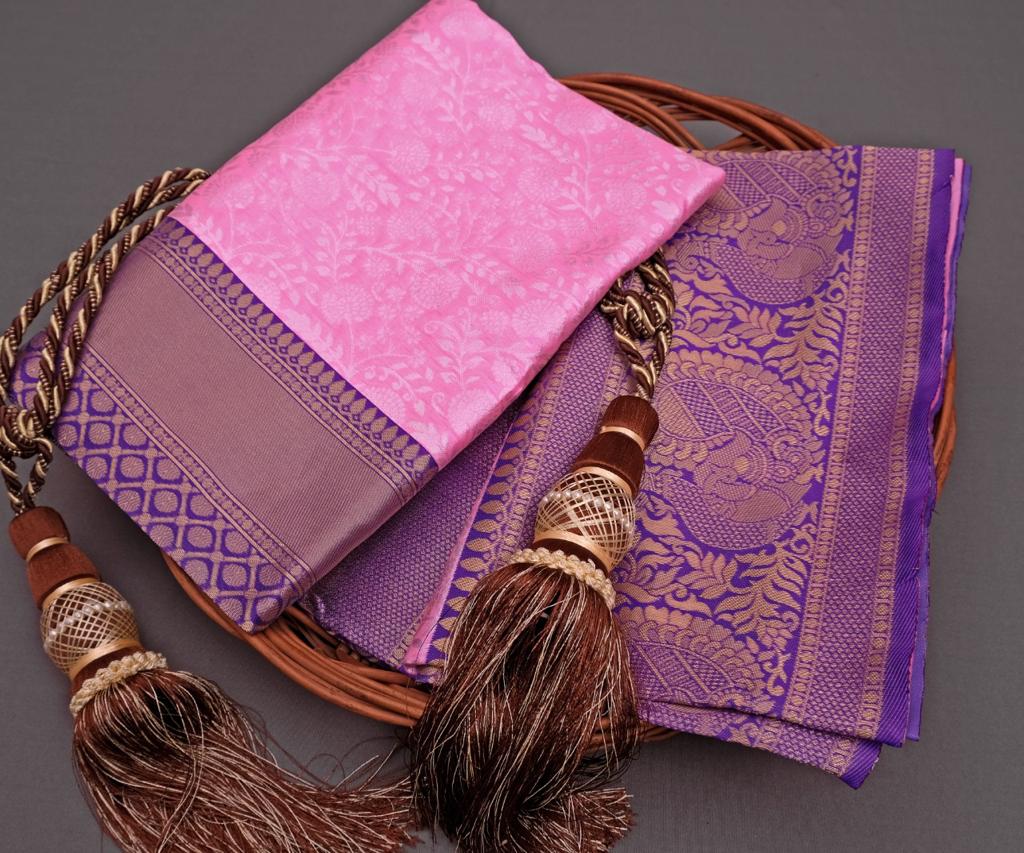 Blush Pink Lichi Silk Saree with Royal Purple Zari Border & Designer Blouse