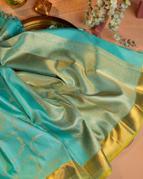 Aqua Green Soft Lichi Silk Saree with Golden Jacquard Border