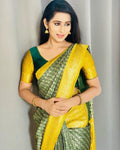 Royal Green Soft Lichi Silk Saree with Grand Mustard Gold Pallu