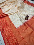Royal Cream & Red Soft Lichi Silk Saree – Traditional Jacquard Festive Wear
