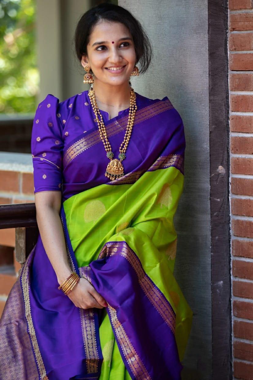 Royal Purple & Parrot Green Soft Lichi Silk Saree